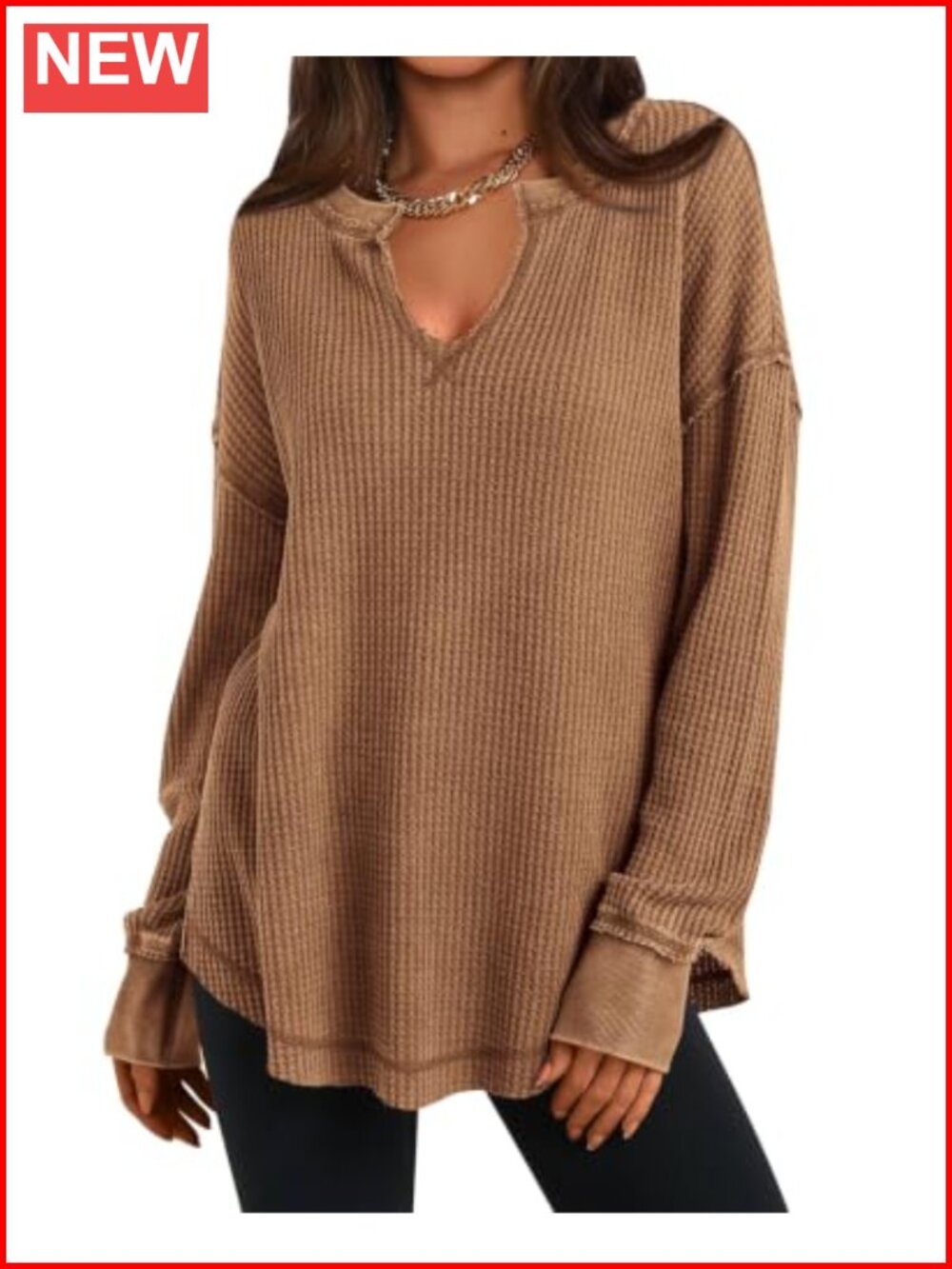 Waffle Knit Long Sleeve V-Neck Tunic Top Loose Fit Women Casual Pullover
